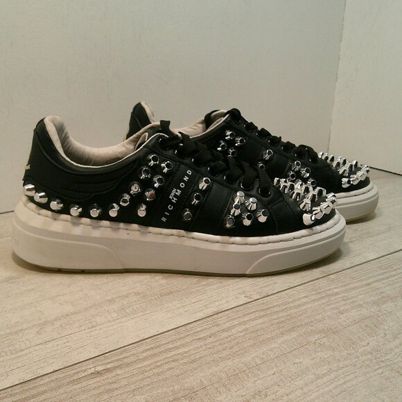 John Richmond Luxury black silver studs leather biker sneakers style Size 35 - Picture 7 of 10